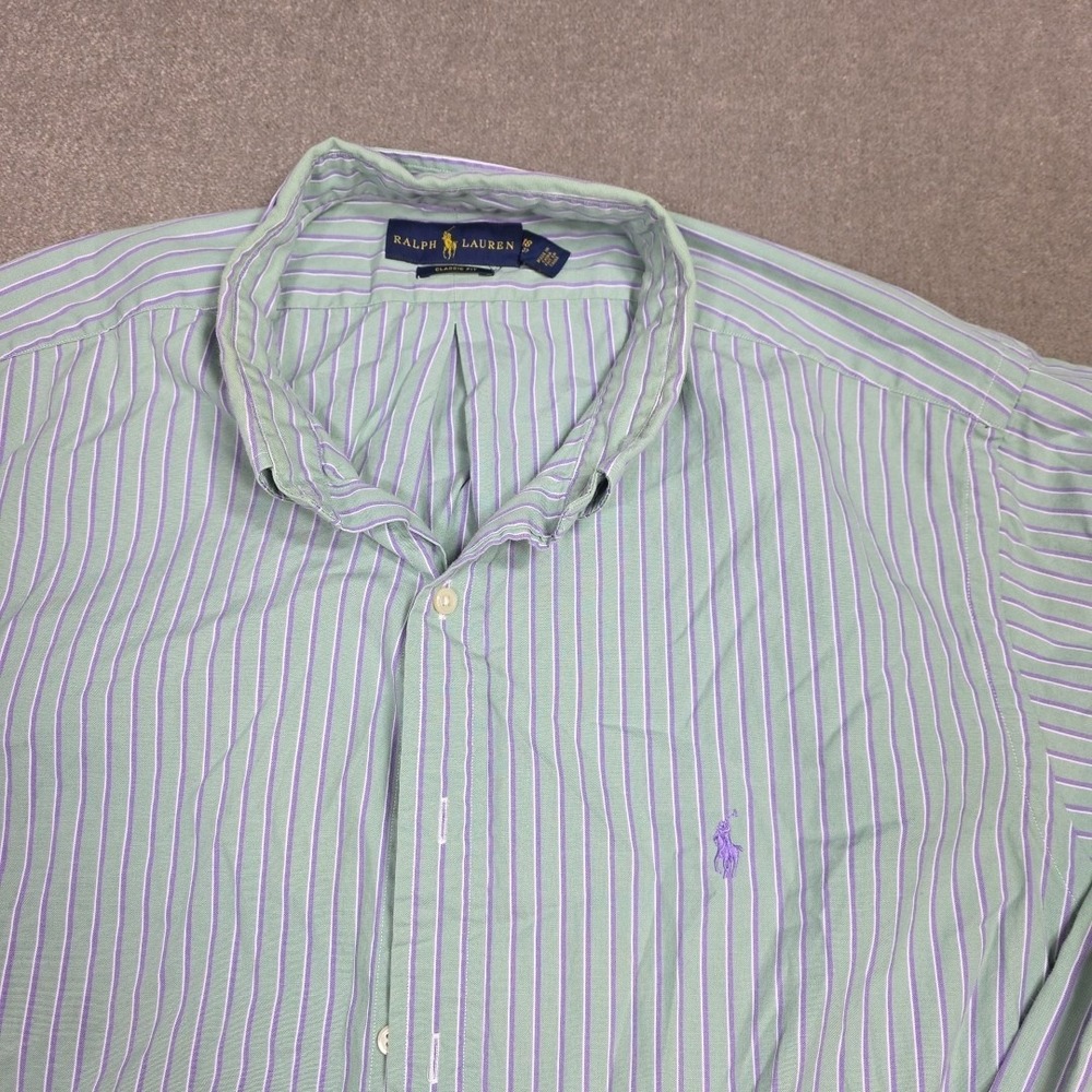 Polo Ralph Lauren Button Down Shirt Mens XL 18 Classic Green Striped Purp Pony